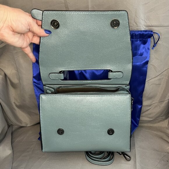 Fog Blue, Leather Satchel Crossbody Bag, Belt Flap Detail, NWOT - Picture 7 of 14